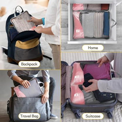 Compression Packing Cubes 8 Set, Dual Zipper Compression Packing Cubes for Travel, See-Through Mesh Packing Bags for Suitcases, Compression Travel Cubes with Shoe Bag (Pink) - color: 8 Set Pink