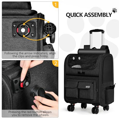 MGB Rolling Cat Carrier with Wheels: Dog Carrier for Small Dogs & Large Cats, Large Cat Carrier with YKK Zipper, Large Capacity, Breathable Mesh, Side Pocket, Black (Not for Airline) - color: Black