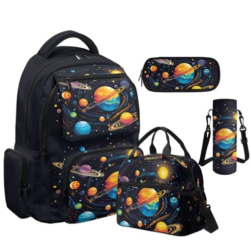 Galaxy Planet Backpack for Boys 8-12 Kids School Backpack with Lunch Box Pencil Case and Water Bottle Pouch 4 in 1 Boys Bookbag for Primary Elementary School Bags with Front Pocket - color: Galaxy Planet