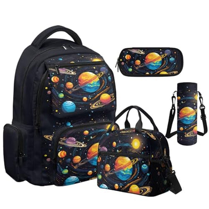 Galaxy Planet Backpack for Boys 8-12 Kids School Backpack with Lunch Box Pencil Case and Water Bottle Pouch 4 in 1 Boys Bookbag for Primary Elementary School Bags with Front Pocket - color: Galaxy Planet