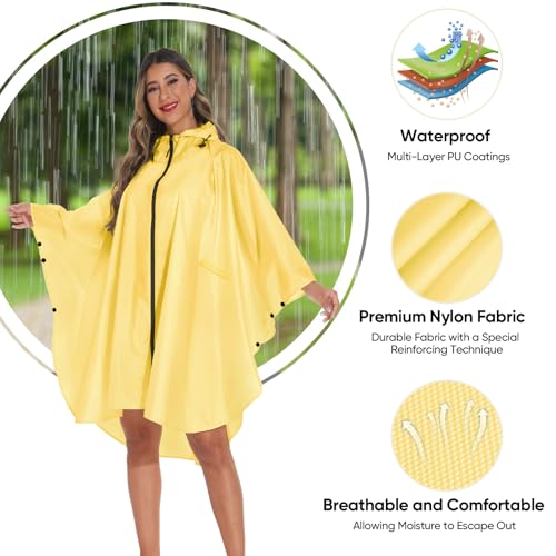 PTEROMY Hooded Rain Poncho for Adult with Pocket and Zipper, Waterproof Lightweight Raincoat for Men and Women - color: Yellow
