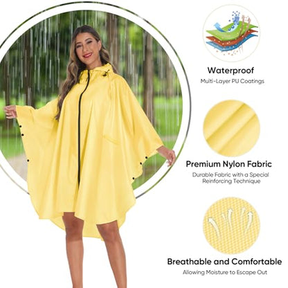 PTEROMY Hooded Rain Poncho for Adult with Pocket and Zipper, Waterproof Lightweight Raincoat for Men and Women - color: Yellow
