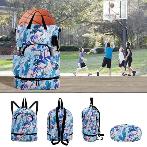 Kamo Drawstring Backpack Bag - Sport Swimming Yoga Backpack with Shoe Compartment, Two Water Bottle Holder for Men Women Large String Backpack Athletic Sackpack for Travel - color: Blue-purple Leaves