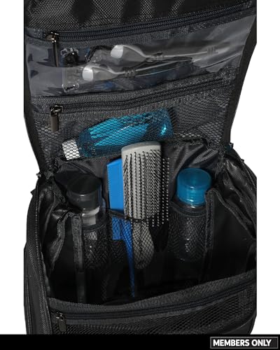 Members Only Hanging Toiletry Bag with Rotating Hook, Black Toiletry Organizer, Bathroom Bag