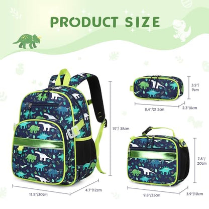 3PCS Boys Backpack Ages 5-8 with Lunch Bag & Pencil Case, Toddler School Backpack for Kids Boys - 15inch Backpack Boy Bookbag for Preschool Kindergarten Elementary School - color: Dinosaur
