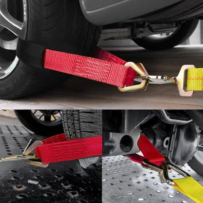 2" × 29" Premium Axle Tie Down Strap with D Rings, Heavy Duty Car Tire Wheel Tie-Down with Protective Sleeve, 6614 Lbs Adjustable Axle Tow Strap for Securing Vehicle Transport (Red) - color: Red