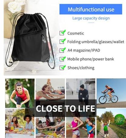 20PCS Drawstring Bag Sports Gym String Backpack Bulk Cinch Bag Sackpack with 2 layer Zip pocket for Yoga Gym Traveling (20, black) - color: Black