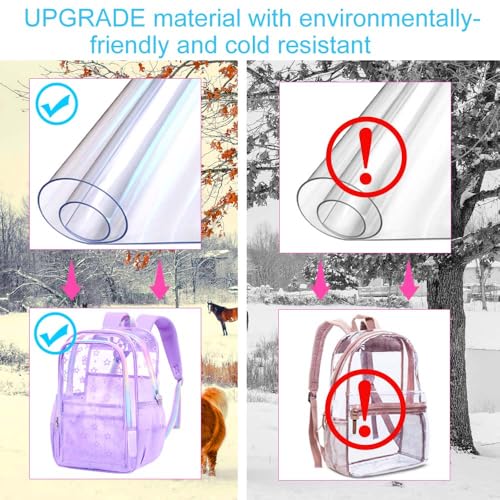gxtvo 3PCS Clear School Backpack Heavy-Duty Set for Women & Teen Girls, 17" Purple See Through Bookbag with Rainbow Strap, Cute Star Transparent Bag - color: Purple Star Rainbow Clear Backpack Set