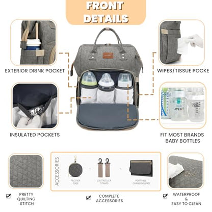 ROSEGIN Baby Diaper Bag Backpack with Changing Pad, Pacifier Case, for Boy Girl Toddler - Large, Stylish, Waterproof Travel Quilted Diaper Bag for Mom - Baby Shower Gifts - Grey - color: Dark Grey