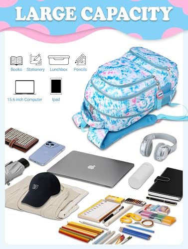 BLUEFAIRY Kids Backpack for Girls Elementary Primary Middle School Bags for Aged 8-10 for Teens Childs Bookbags Back to School Book Bags Mochilas para Niñas de 6 7 8 9 10 Años Tie-dye Blue - color: Light Sky Blue