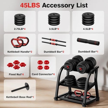 Adjustable Dumbbell Set, 20/30/45/70/90lbs Free Weight Set With Double Locknut, 5-in-1 Dumbbells Set Includes Barbell, Kettlebells, Push up Stand, Weight Plate, Fitness Exercise for Home Gym Suitable Men/Women - style: 45LB(22.5LB Pair)