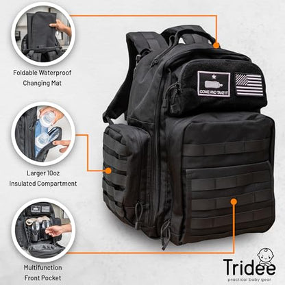 Dad Diaper Bag - Molle-Style Military Diaper Backpack Made of Rugged 900D Waterproof Polyester with Wider Extra-Long Straps, Pouch for Dirty Diapers, Baby Wipes Dispenser & Insulated Bottle Pockets - color: Black