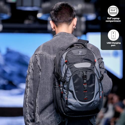 Swissdigital Design Laptop Backpack with USB Charging Port, Travel Backpack Fits 15.6 inches Computer, 31L College School Backpack for Men, Haze Blue/Black | SD803-16 - color: Haze Blue/Black