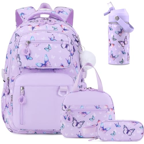 Bevalsa Backpack for Girls, School Bookbag Teen Girls Backpack Set with 14oz Insulated Water Bottle Stainless Steel, Lunch Bag & Pencial Case for Kids Elementary Middle Student (Purple Butterfly) - color: Purple Butterfly
