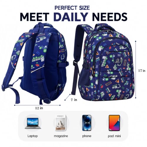 MYGOO Boys School Backpack Euclid Truck Blue Bookbag for Elementary Middle School Ages 5-12, 17 inch Large Capacity 24L Kids Student Travel Bags - color: Euclid Truck Blue