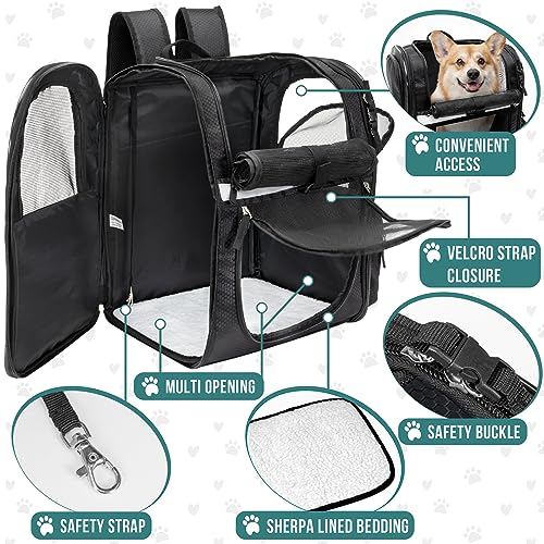 PetAmi Dog Backpack Carrier for Cats and Small Dogs, 4-Way Entry Ventilated Mesh Pet Carrier for Hiking Travel, Foldable Top with Sherpa Bed, Reflective and Poop Bag Dispenser, Up to 18 lbs, Black - color: Black