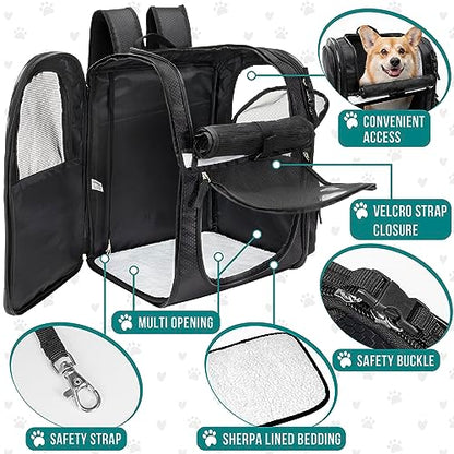 PetAmi Dog Backpack Carrier for Cats and Small Dogs, 4-Way Entry Ventilated Mesh Pet Carrier for Hiking Travel, Foldable Top with Sherpa Bed, Reflective and Poop Bag Dispenser, Up to 18 lbs, Black - color: Black
