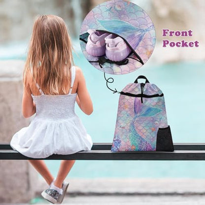Mermaid Tail Drawstring Backpack, 15” x 17” Waterproof Swim Bag for Beach Swimming Pool, Lightweight Foldable Gym Bag with Water Bottle Holder for Sports Travel - color: Mermaid