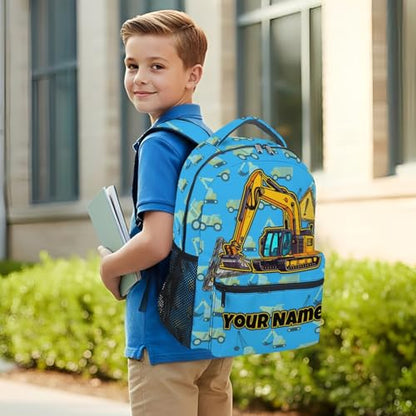 Personalized Toddler Backpack Boys - 17 Inch Excavator Construction Backpacks for Kids, Large Capacity Portable Kindergarten Bookbag Gifts - color: Blue