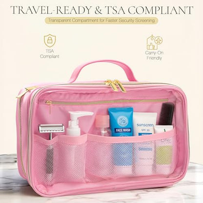 2-in-1 Travel Makeup and TSA Toiletry Organizer for Women – Flexible Compartments, Clear TSA Window, Wipe Clean Vegan Leather, Gift Box Included – Carry-On Approved, Cream - color: Pink