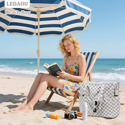 LEDAOU Beach Bag Waterproof Sandproof Women Beach Tote Pool Bag with Zipper for Swim Gym Grocery Travel with Wet Pocket | Sandproof - color: Checkered-light Gray