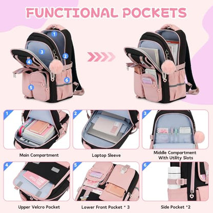 MUSEVOS Girls Backpack, Kids Backpack for Girls, School Bookbag for Teens Age 6-15, Large Capacity Water Resistant Backpack for Elementary to High School, Cute Travel Daypack, Black Pink - color: Black Pink