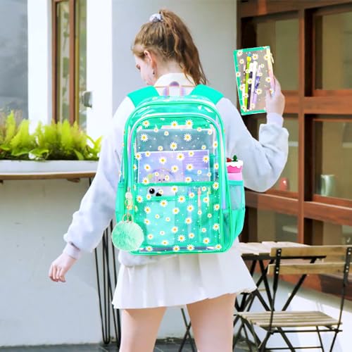 gxtvo 3PCS Clear Bookbag Heavy-Duty Set for Women & Teen Girls, 17" Green Transparent Backpack with Rainbow Strap, Cute Chrysanthemum See Through School Bag - color: Green Chrysanthemum Clear Backpack Set