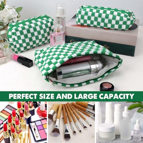 3 Pcs Makeup Bag Cosmetic Bag Set for Girls Women Checkered Travel Organizer Bathroom Toiletry Pouch Large Capacity Storage Bag(Green-White) - color: Green-White