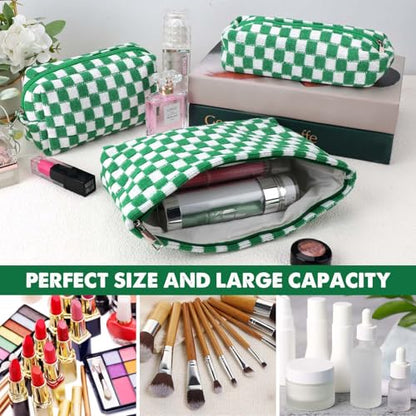 3 Pcs Makeup Bag Cosmetic Bag Set for Girls Women Checkered Travel Organizer Bathroom Toiletry Pouch Large Capacity Storage Bag(Green-White) - color: Green-White