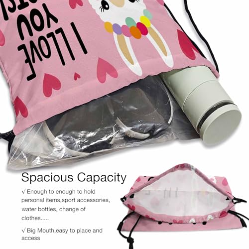 Drawstring Backpack Bag Sports Gym Sack Cute Alpaca Lettering I Llove Llots Pink Heart Background Shoe Bag for Women Men 14x16.9 Inch - color: Cute Alpaca