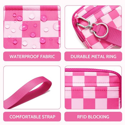 FODOKO Wristlet wallets for women Nylon Quilted Wallet with 4 Zippers,Travel Credit Card,Holder Cell Phone Organizer - color: Rose Red
