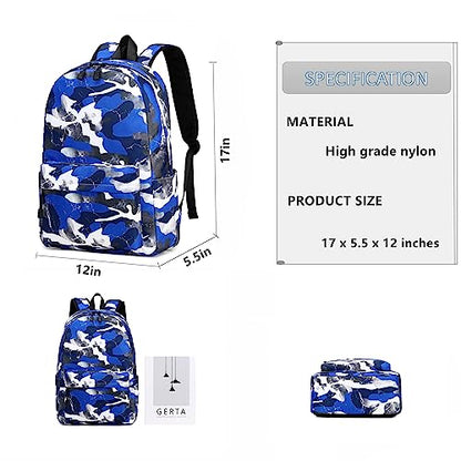 Lmwzh Backpack For Boys Girls Elementary Waterproof teen School Bags Kids Bookbag Lightweight Camo Blue 2PC - color: A-blue