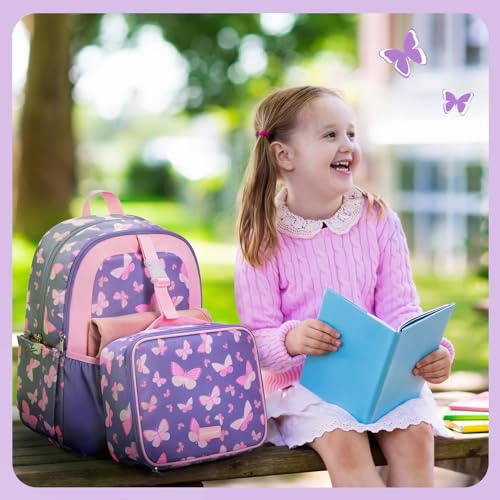 mommore Kids Backpack for Boys Girls 4-8 Kindergarten Elementary School Backpack with Lunch Box - 15” H Fit Folder - color: Purple Butterfly, style: 2 Pcs