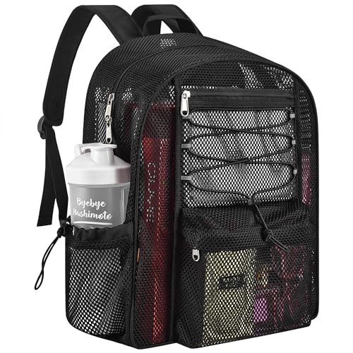 Mesh Backpack Heavy Duty for School, 24L Large Mesh Bookbag for Adults, Black School Bag with Comfort Padded Straps for Work Swimming Beach Fitness Sport - color: Black, size: 24L