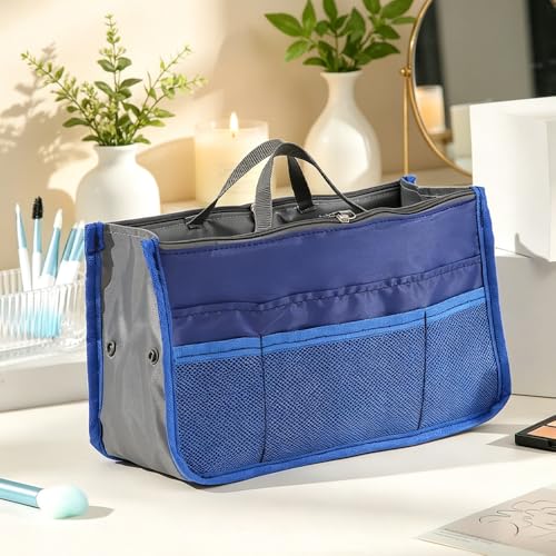 1 Piece Purse Organizer Insert, Foldable Bag in Bag Organizer, Multi-Pocket Tote Organizer, with Handheld Design, for Digital Accessories, Cosmetics (Royal Blue) - color: Royal Blue