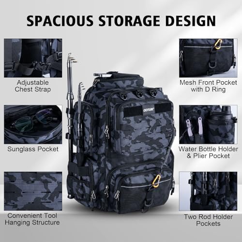 Goture Fishing Backpack,900D Water-Resistant Tackle Backpack with Rod Holders,45L Large Fishing Bag Storage Gear Tackle Bag with Rain Cover,Bottle Holder for Travel Camping Hiking(Without Tackle Box) - color: 45L Camo with Bottle Holder