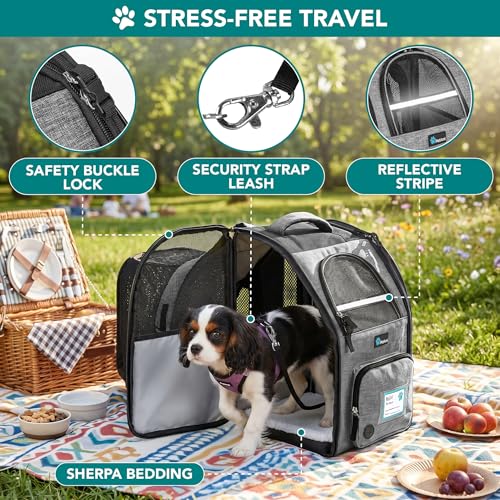 PetAmi Expandable Dog Backpack Carrier for Cats & Pets, Breathable Cat Carrier Backpack with Top Window & Multi-Entry, Ventilated Foldable Travel Carrier for Small Medium Pets up to 18 lbs, Light Gray - color: Gray