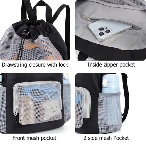 Swim Bag for Kids Mesh Beach Backpack for Boys Lightweight Drawstring Beach Bag Swimming Pool Sports Gym String Bag (Black) - color: Black