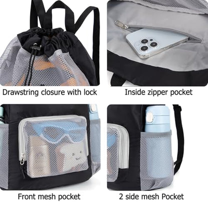 Swim Bag for Kids Mesh Beach Backpack for Boys Lightweight Drawstring Beach Bag Swimming Pool Sports Gym String Bag (Black) - color: Black