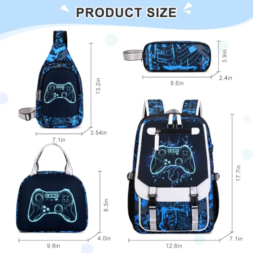Bevalsa Backpack for Boys, Cool Luminous Boys Backpack with Sling Bag, Lunch Box & Pen Case, School Bags for Kids Children Teens Elementary Middle Schools, Bookbag Glow In The Dark (Blue Game) - color: Blue Game