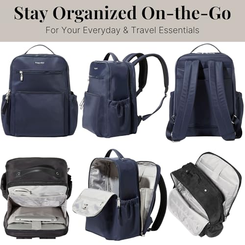 Baggallini Tribeca Expandable Laptop Backpack - 15"x11" Lightweight RFID Computer Bag for Work & Travel with Luggage Sleeve - color: French Navy Twill