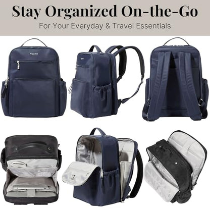 Baggallini Tribeca Expandable Laptop Backpack - 15"x11" Lightweight RFID Computer Bag for Work & Travel with Luggage Sleeve - color: French Navy Twill