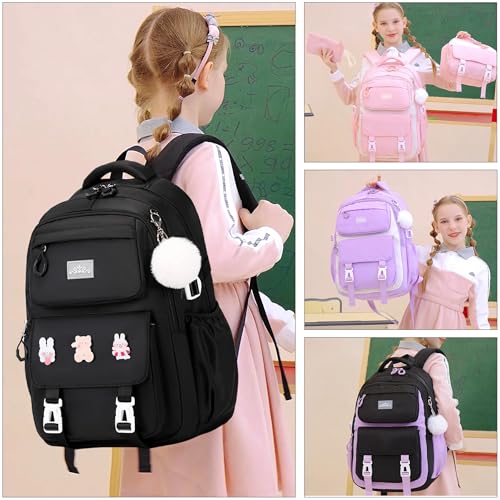 DIGOBAY 3PCS Girls Backpack for School, Kids Backpack for Girls with Lunch Box Pencil Case Set for Teen Girl Elementary Primary Middle High College School Bookbag with Cute Pins (Black) - color: Black