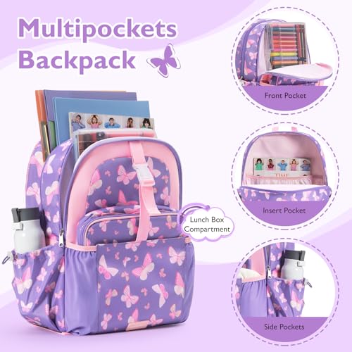 mommore Kids Backpack for Boys Girls 4-8 Kindergarten Elementary School Backpack with Lunch Box - 15” H Fit Folder - color: Purple Butterfly, style: 2 Pcs