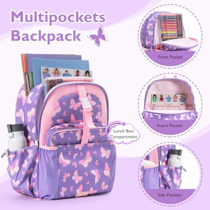 mommore Kids Backpack for Boys Girls 4-8 Kindergarten Elementary School Backpack with Lunch Box - 15” H Fit Folder - color: Purple Butterfly, style: 2 Pcs