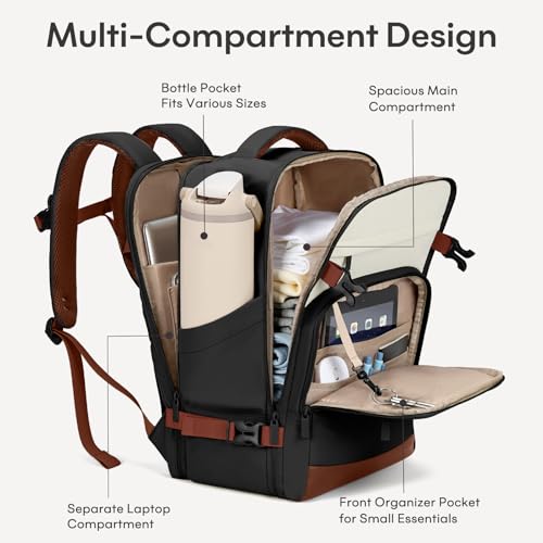 mibasies 40L Travel Backpack for Women & Men: Flight Approved Carry On Backpack, TSA Personal Item Bag with Water Bottle Pocket, Weekender Essentials Backpacks fits 17" Laptop - Black White Brown - color: Black White Brown, size: X-Large
