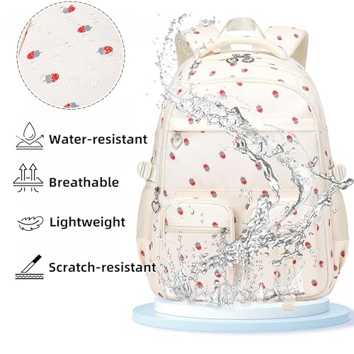 Girls Backpack Lightweight Bookbags for High School Laptop Backpack For College Women Big Student Daypack Casual (Strawberry-Beige) - color: Strawberry-beige