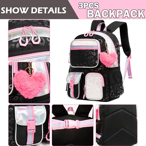 Meetbelify Aesthetic Backpack for Girls with Lunch Box - Elementary to Teen, Cute Bookbag for Kids 8-10 - color: 3pcs Black Love