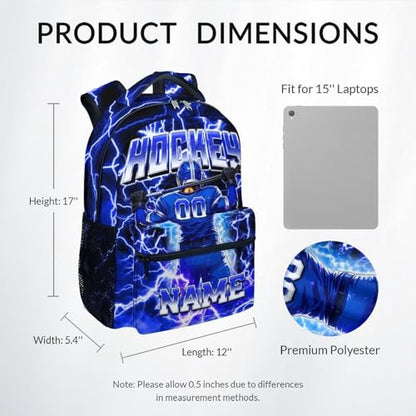 UNIKITTY Hockey Backpack for Boys Personalized Kids School Bag with Name - 17 Inch Custom Sports Ice Hockey Bookbag for Youth Little Boys Elementary Middle School Students - color: Blue