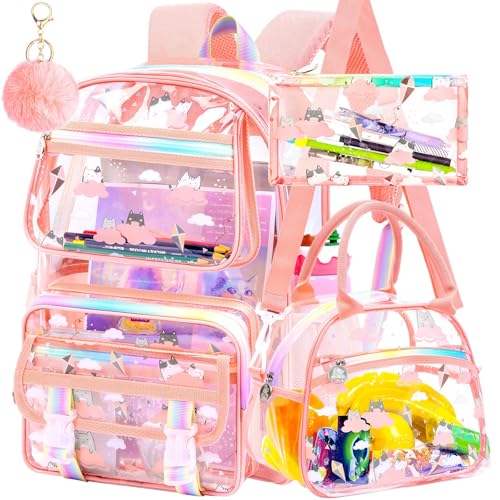 KLFVB Transparent Backpack Heavy Duty, 3PCS Girls See Through School Bag Set, Cute Clear Bookbag for Women - Cloud Cat Pink - color: Cloud Cat Pink Clear Backpack